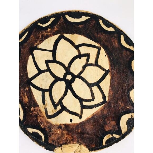 Rattan Hand Held Fan Polynesian Kapa Bark Raffia Antique Woven - Picture 7 of 10